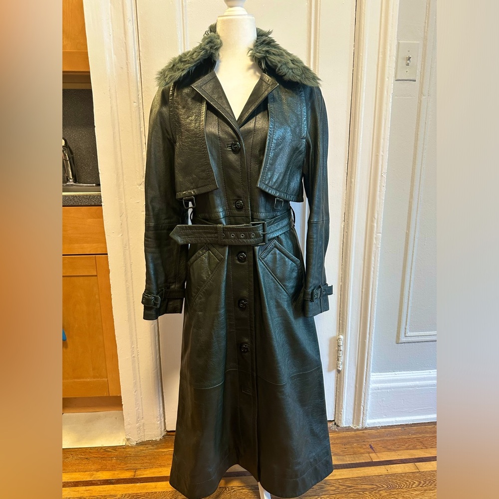SALE - Zimmerman Rhythm Leather Trench Coat Green W Remov. Shearling Collar